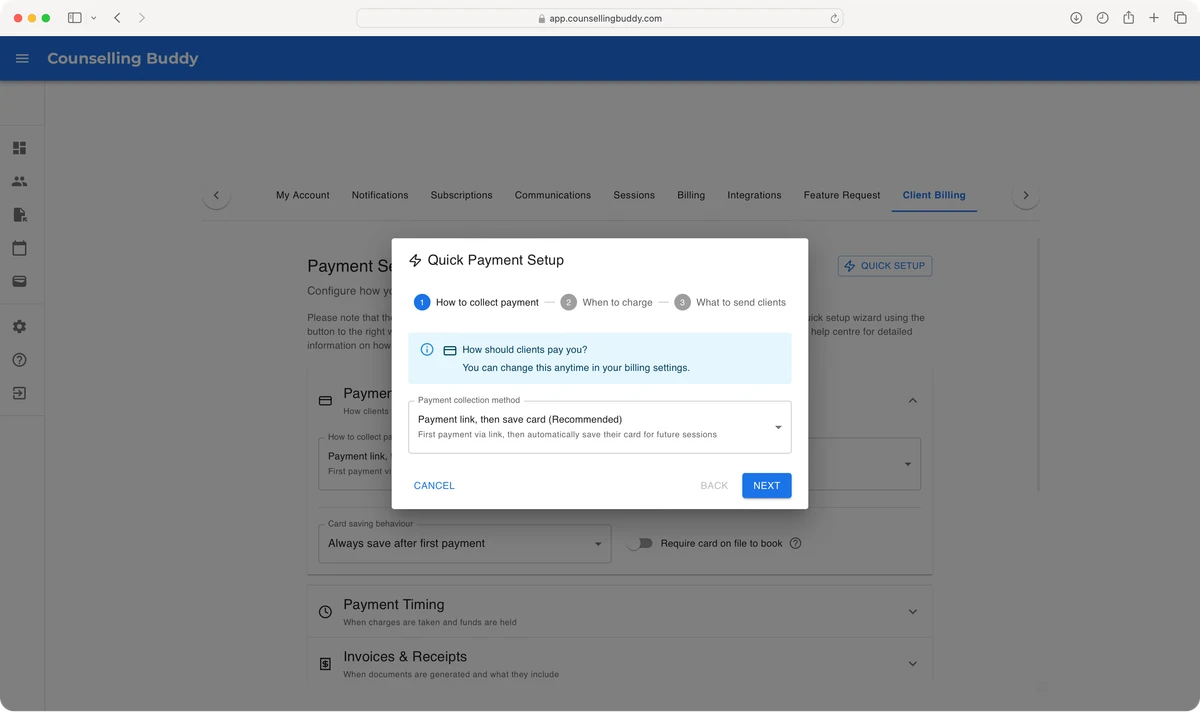Counselling Buddy - Billing and Payments Settings, Quick Setup Wizard - How clients should be charged