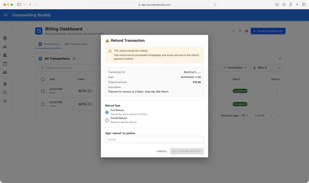 Counselling Buddy Billing and Payments - Refund popup window
