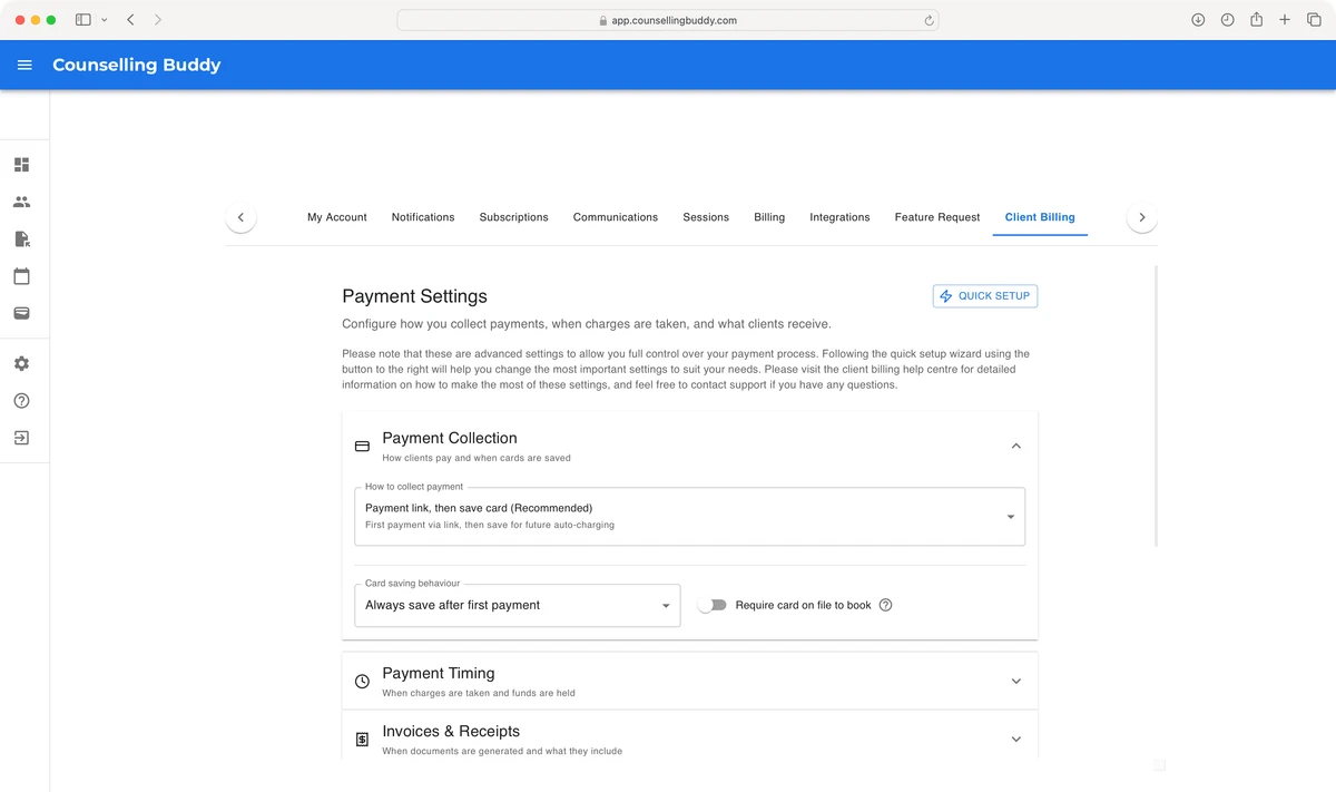 Counselling Buddy - Billing and Payments Settings