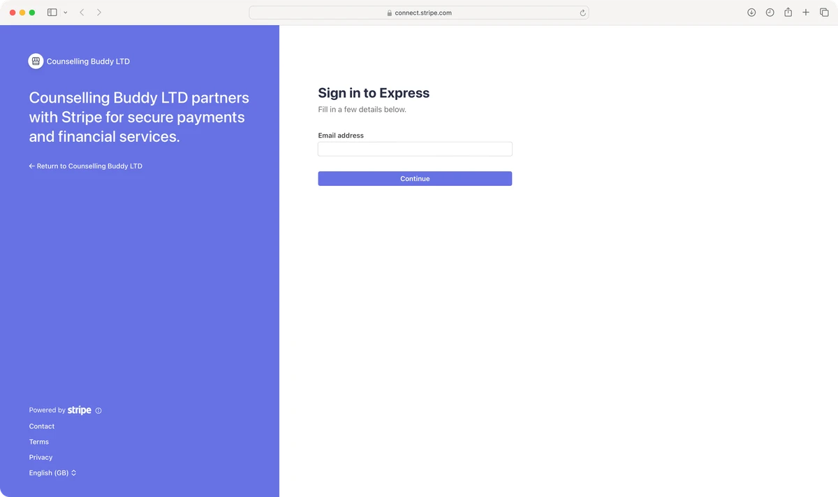 Counselling Buddy - Stripe Onboarding Page